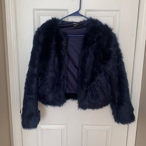 Bebe faux fur blue cropped jacket with pockets